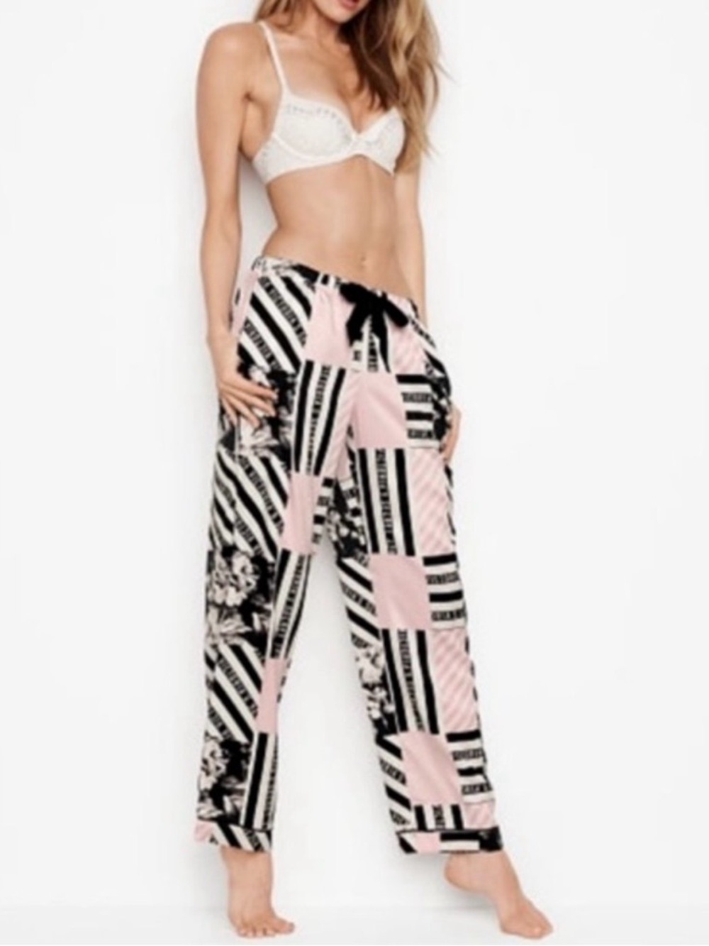 Victoria’s Secret Black And Pink Stripe Satin Pajama Lounge Pants